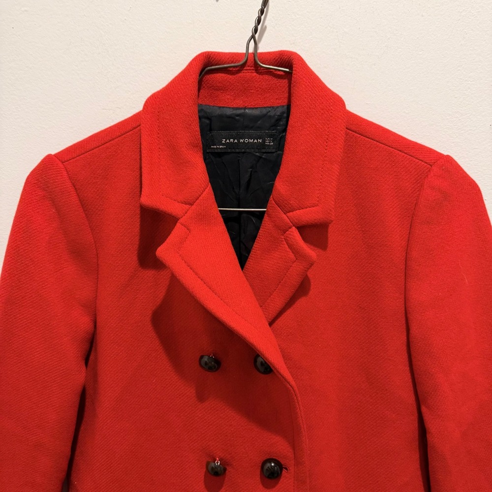 Zara Red Double Breasted Wool Blend Pea Coat Vibrant Winter Jacket | Size M - Picture 3 of 12